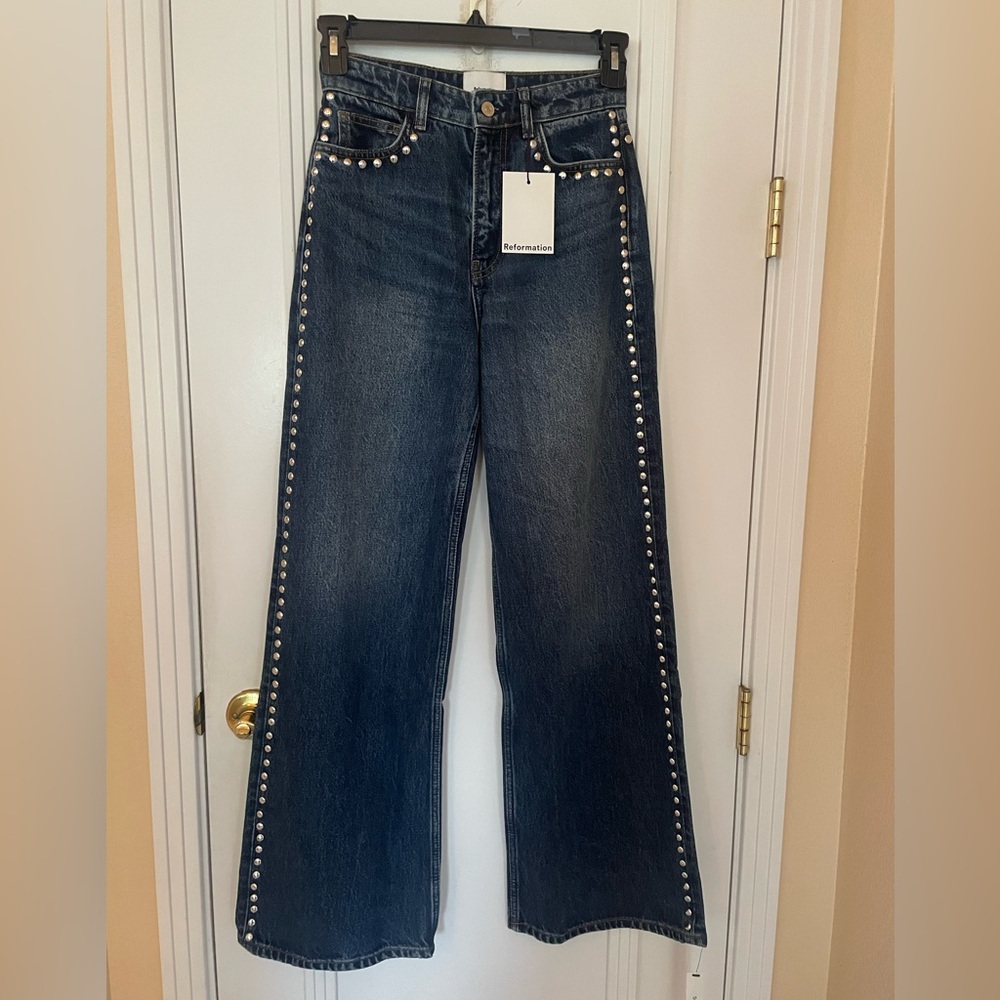 Reformation Cary High Rise Slouchy Wide Leg Women's Jeans Millie Studded NWT